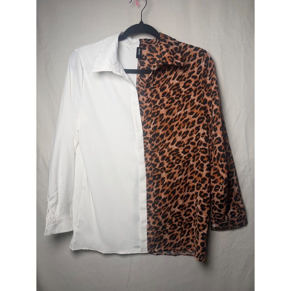 Venti.6 Womens Split Leopard Print White Cotton Button Down Shirt